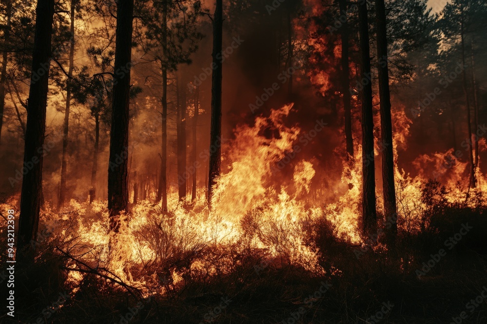 Wildfire Raging Through Dense Forest with Tall Trees and Thick Smoke Wildfire Raging Through Dense Forest with Tall Trees and Thick Smoke