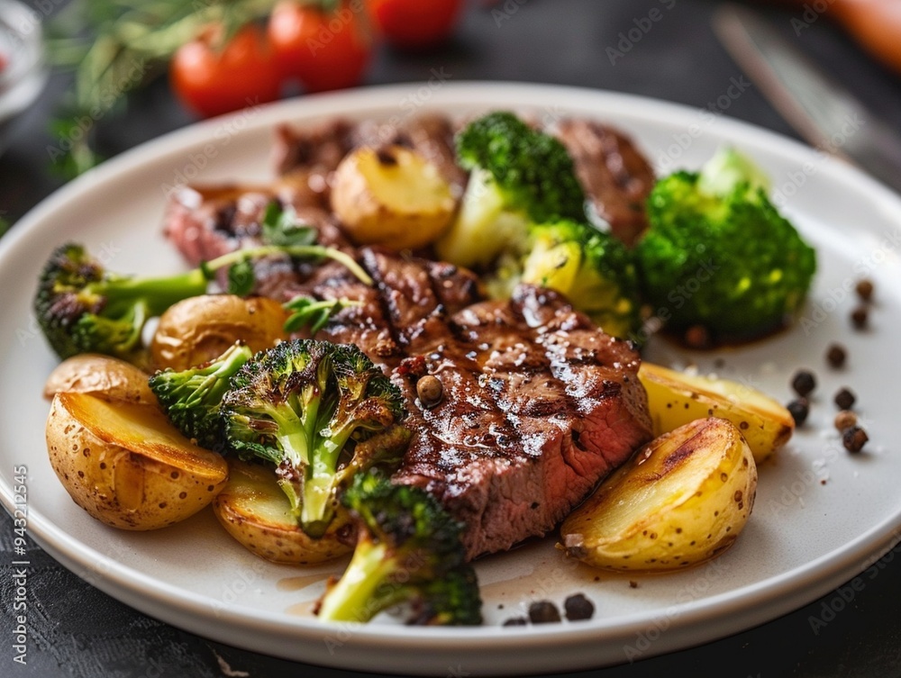 Grilled steak with potatoes and broccoli Grilled steak with potatoes and broccoli
