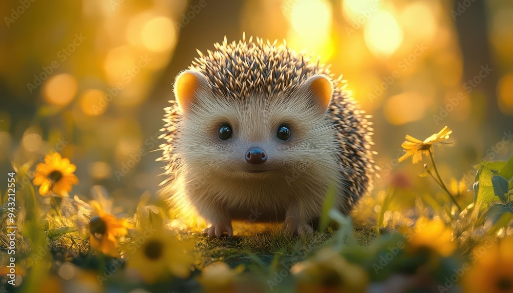 Hedgehog walking through a garden in the early morning light, with soft spines and curious eyes, Serene, Bright, Detailed Hedgehog walking through a garden in the early morning light, with soft spines and curious eyes, Serene, Bright, Detailed