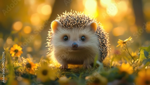 Hedgehog walking through a garden in the early morning light, with soft spines and curious eyes, Serene, Bright, Detailed