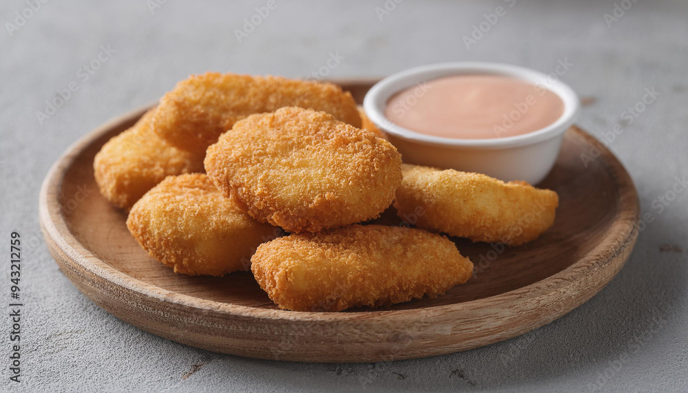 Tasty fried fish fillet nuggets on wooden plate with bowl of sauce. Delicious meal for dinner. Tasty fried fish fillet nuggets on wooden plate with bowl of sauce. Delicious meal for dinner.