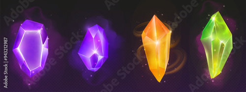Magic neon glowing colour gem stone crystal on black background. Realistic 3d vector illustration set of fantasy shiny treasure gemstones. Precious jewel mineral rock cluster. Shiny crystalline piece.