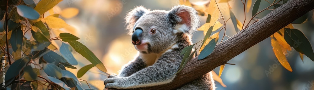 Fototapeta premium Koala climbing a eucalyptus tree, with a calm and gentle expression, Serene, Bright, Detailed