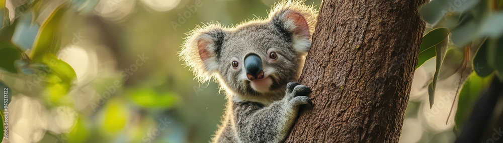Fototapeta premium Koala climbing a eucalyptus tree, with a calm and gentle expression, Serene, Bright, Detailed