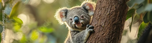 Koala climbing a eucalyptus tree, with a calm and gentle expression, Serene, Bright, Detailed