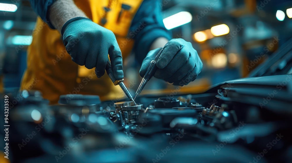 Mechanic working on a car in a well-organized garage, with tools and parts neatly arranged, Focused, Bright, Detailed