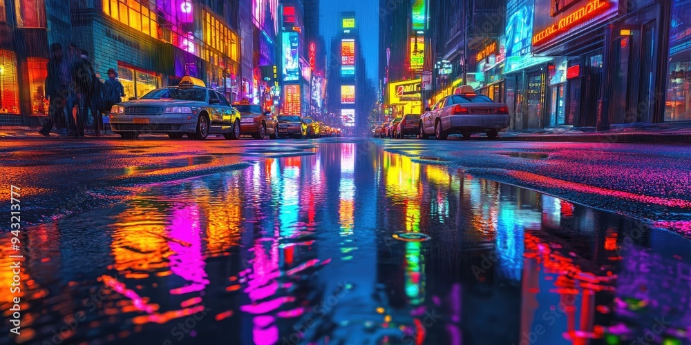Fototapeta premium Neon city reflection in wet street.