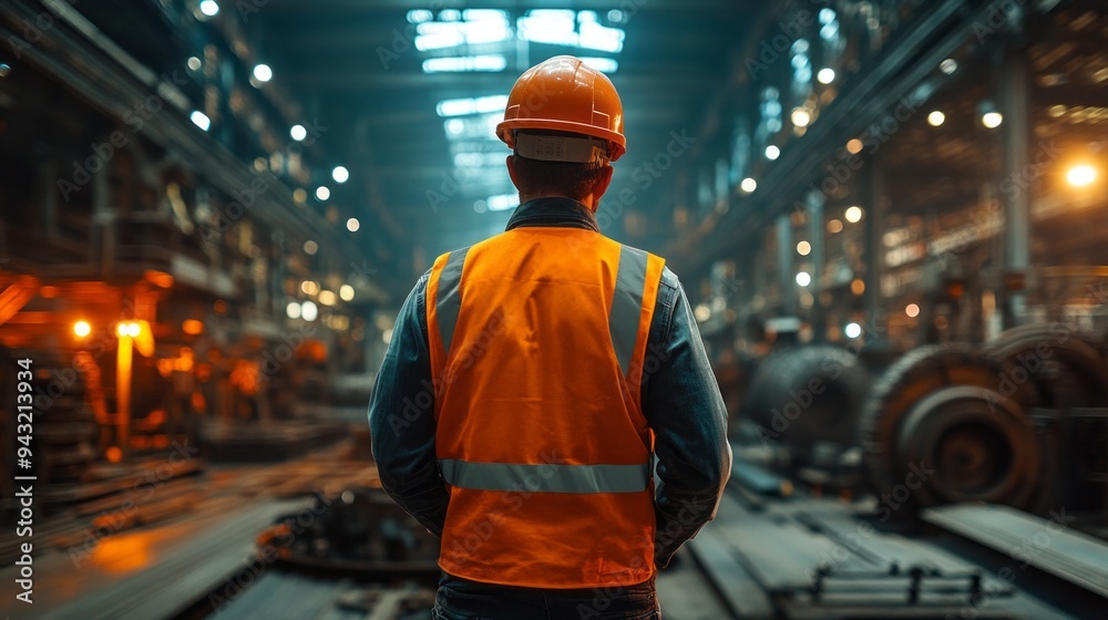 A man in a safety vest stands in a large industrial building A man in a safety vest stands in a large industrial building