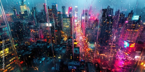 Rainy night cityscape with blurred lights.