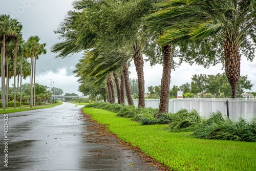 Windy Palm Trees on Rainy Day Along Suburban Road photo