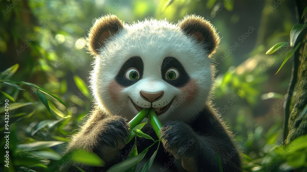 Panda eating bamboo in a lush forest, with a playful and content expression, Playful, Bright, Detailed