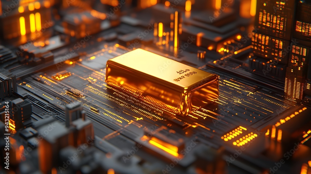 A 3D illustration featuring a gold bullion with investment data and stock market visuals surrounding it, showcasing the value of investing in gold. The scene is designed to emphasize the gold's promin A 3D illustration featuring a gold bullion with investment data and stock market visuals surrounding it, showcasing the value of investing in gold. The scene is designed to emphasize the gold's promin
