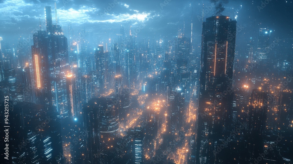 Fototapeta premium AIdriven world, advanced infrastructure, futuristic cityscape, digital networks.