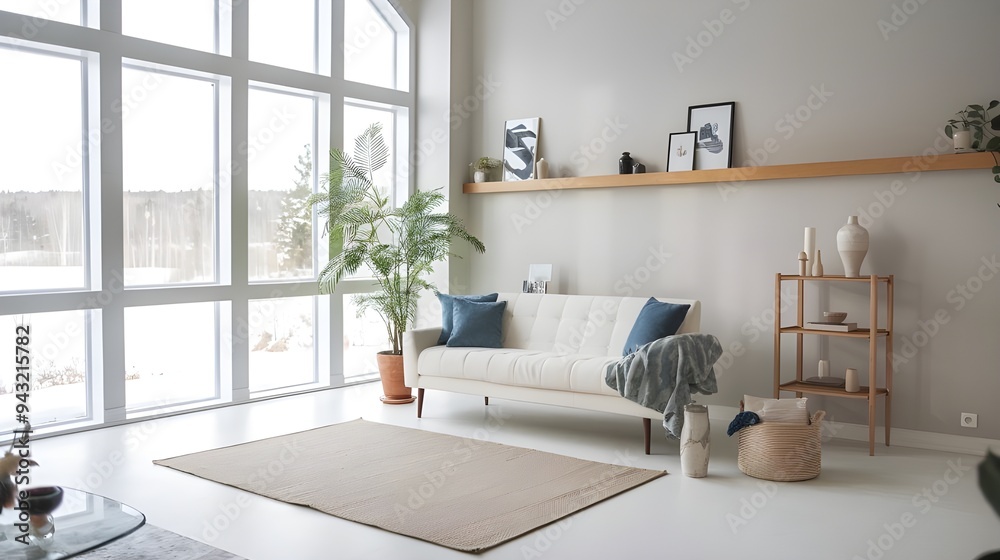 A modern Scandinavian home interior design with a living room, a white sofa with blue cushions and a few decorative objects on a wooden stand. A beige rug is placed on the floor and a potted plant. A modern Scandinavian home interior design with a living room, a white sofa with blue cushions and a few decorative objects on a wooden stand. A beige rug is placed on the floor and a potted plant.