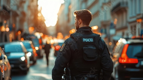 Policeman patrolling a busy city street, ensuring safety and interacting with the community, Responsible, Bright, High Energy