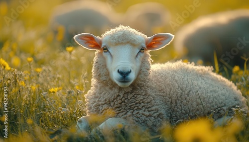 Sheep resting in a meadow, with soft wool and a peaceful expression, Serene, Bright, Detailed