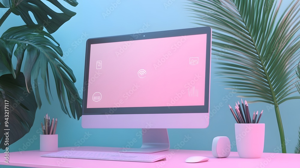 Pastel Computer Display Minimalistic pastel-themed home office with a sleek computer screen ...