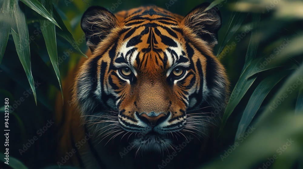 Fototapeta premium Tiger prowling through a dense jungle, with an intense and focused gaze, Intense, Cool Tones, Detailed