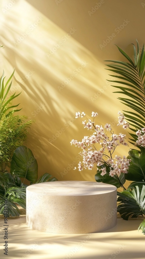 A small, round stone pedestal is surrounded by lush green plants and flowers A small, round stone pedestal is surrounded by lush green plants and flowers