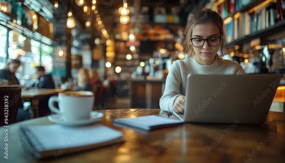 Young professional working on a laptop in a trendy cafe, with a coffee cup and notebook nearby, Focused, Bright, Detailed Young professional working on a laptop in a trendy cafe, with a coffee cup and notebook nearby, Focused, Bright, Detailed