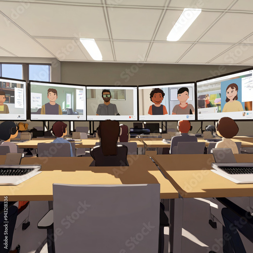 A virtual classroom with students attending via avatars.