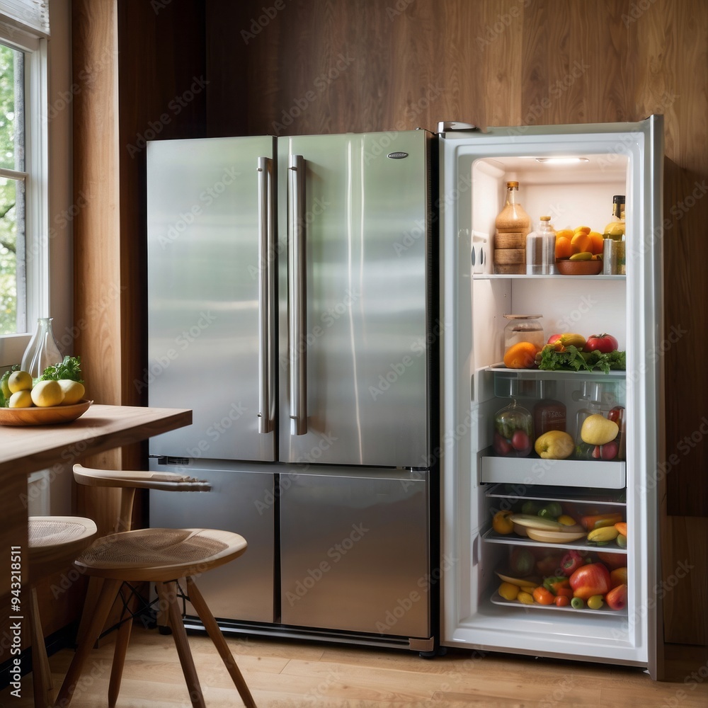 Modern Stainless Steel Refrigerator with Open Door and Fresh Produce Inside Modern Stainless Steel Refrigerator with Open Door and Fresh Produce Inside