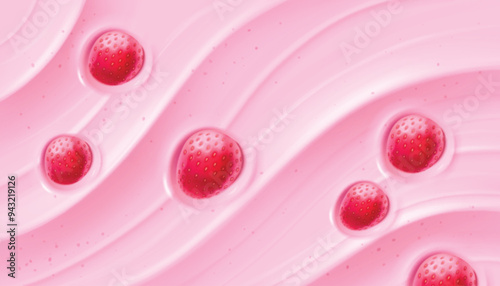 Strawberry yogurt surface top view. Vector realistic illustration of sweet dairy product, pink creamy substance with pieces of berry, milky dessert, face scrub texture, food advertising banner