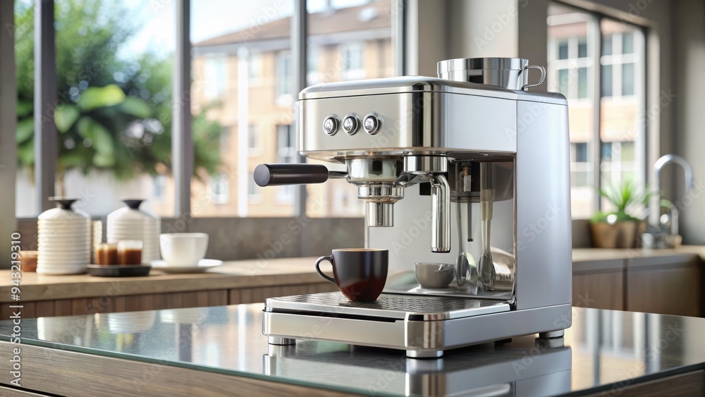 Sleek, modern automatic espresso machine with stainless steel body and chrome accents, sitting on a clean kitchen counter, ready to brew a perfect cup. Sleek, modern automatic espresso machine with stainless steel body and chrome accents, sitting on a clean kitchen counter, ready to brew a perfect cup.