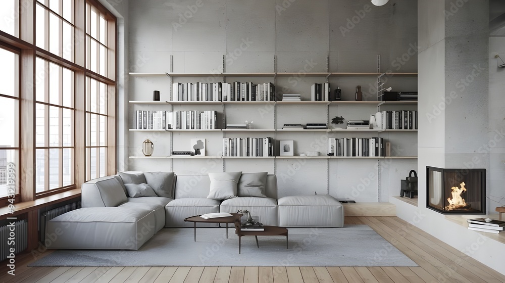 A Scandinavian loft home interior design of a modern living room with a grey corner sofa against a shelving wall unit and a fireplace, a concrete wall, a wooden floor a large window with wooden frame A Scandinavian loft home interior design of a modern living room with a grey corner sofa against a shelving wall unit and a fireplace, a concrete wall, a wooden floor a large window with wooden frame