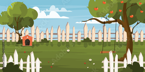 Vector illustration of a beautiful summer landscape with a swing. Cartoon scene of a rural landscape with a blue sky and clouds,a light fence, green trees, an apple tree,a swing, a dog house,flowers.