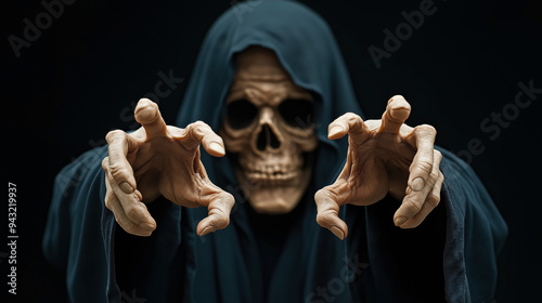 A close-up of a skeletal figure in a hooded robe reaching out with bony hands, creating a spooky and eerie atmosphere.