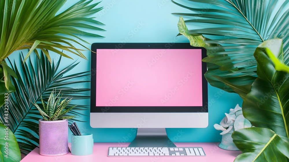 Minimalistic home office with a sleek computer screen featuring technology icons pastel gradient background from lavender to soft blue surrounded by gentle tropical leaves in muted greens. Minimalistic home office with a sleek computer screen featuring technology icons pastel gradient background from lavender to soft blue surrounded by gentle tropical leaves in muted greens.
