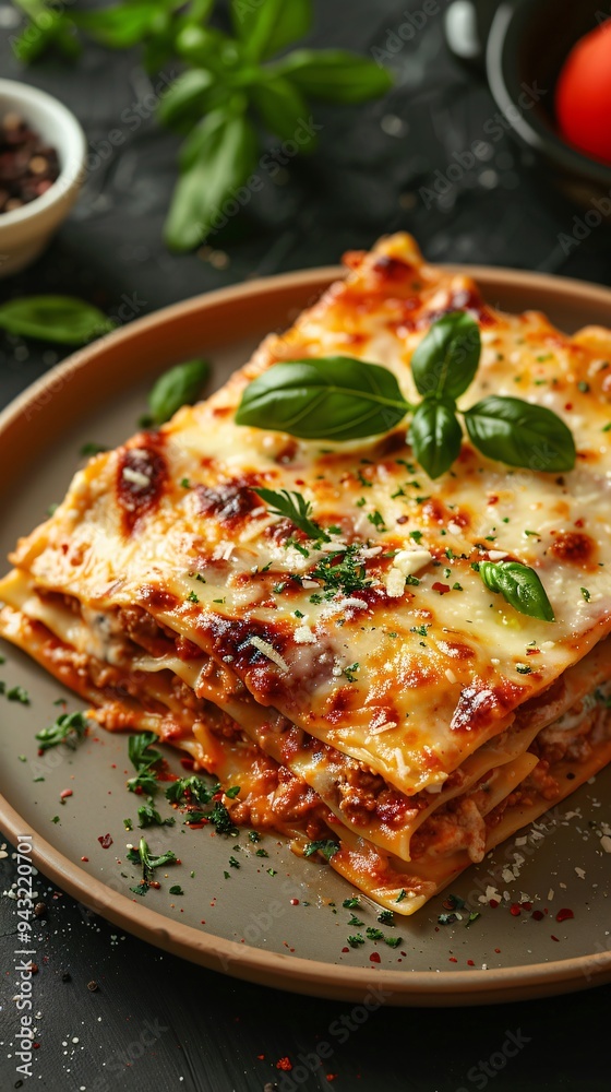 Realistic Mouth-Watering Classic Lasagna on Plate with Dark Background and Table Setting Realistic Mouth-Watering Classic Lasagna on Plate with Dark Background and Table Setting