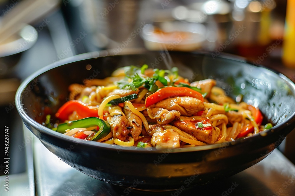 Stir-Fried Asian Noodles with Chicken, Vegetables, and Savory Sauce in Modern Bistro Setting