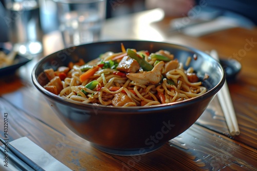 Stir-Fried Asian Noodles with Chicken, Vegetables, and Savory Sauce in Modern Bistro Setting