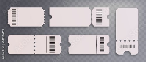 White blank coupon or entrance ticket with barcode. Realistic 3d vector illustration set of concert event or cinema admission and pass paper badge template. Festival and raffle receipt or discount tag