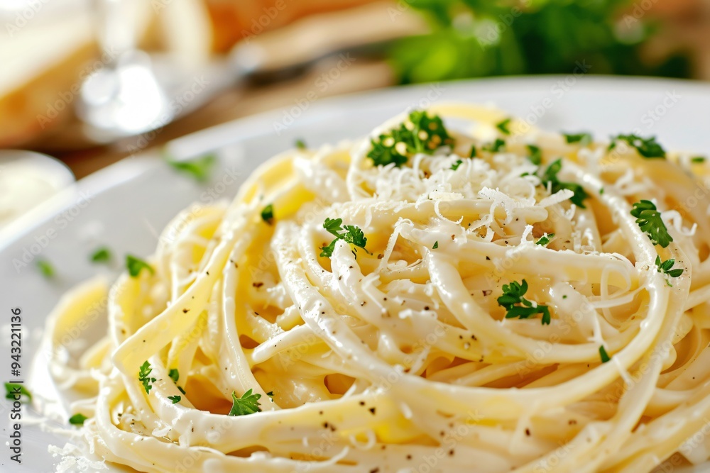 Elegant Italian Pasta Dish with Creamy Alfredo Sauce, Fresh Parsley, and Grated Parmesan in a Fine Dining Restaurant Setting Elegant Italian Pasta Dish with Creamy Alfredo Sauce, Fresh Parsley, and Grated Parmesan in a Fine Dining Restaurant Setting