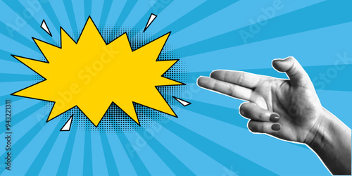 Template for retro pop art banner, empty speech bubble, explosion in a comic style. Halftone collage, women's hand gesture in the shape of a gun, two fingers, cut out of paper, shot.