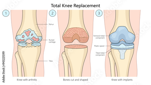 total knee replacement surgery, progression from arthritis-damaged knee to bone shaping and implant placement diagram hand drawn schematic vector illustration. Medical science educational illustration