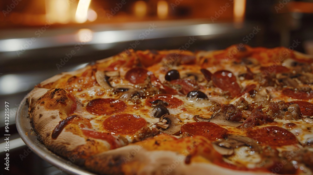Hot Cheesy Pizza with Pepperoni, Mushrooms, and Olives Fresh Out of the Oven in a Cozy Pizzeria Hot Cheesy Pizza with Pepperoni, Mushrooms, and Olives Fresh Out of the Oven in a Cozy Pizzeria