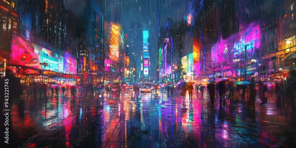 Fototapeta premium Neon-lit city street with rain and people.