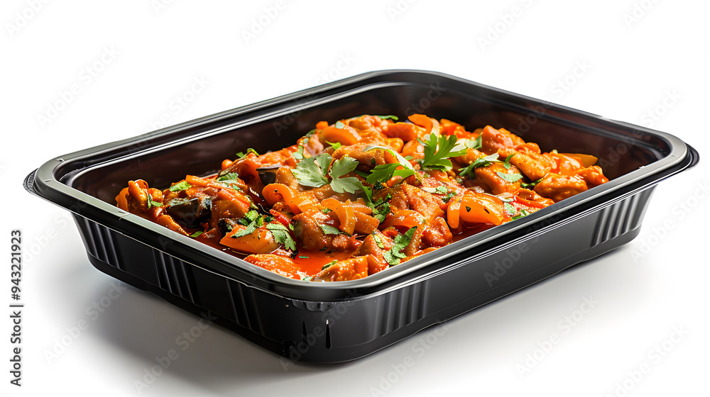 Black plastic rectangular container of Thai food isolated white background Black plastic rectangular container of Thai food isolated white background