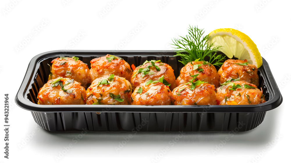 Black plastic rectangular container of Thai food isolated white background Black plastic rectangular container of Thai food isolated white background