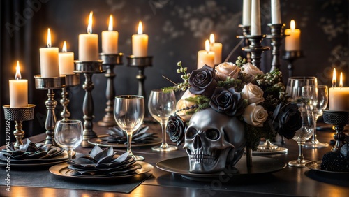 Sophisticated Halloween tablescape with black candles, skulls, and gothic decor