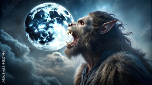 Howling werewolf under a full moon with eerie trees and a misty sky