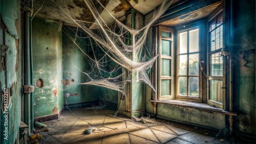 Abandoned room with broken windows and cobwebs creating a haunted atmosphere