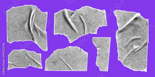 Set of halftone collage elements isolated on purple background. Torn pieces of paper tape with jagged edges. Cut and ripped sheets, vector illustration.