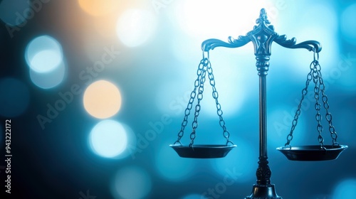 A close-up of a silver balance scale, symbolizing justice and fairness against a blurred blue background.