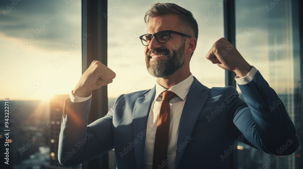 A senior executive raising his fist in a gesture of triumph while standing in a brightly lit boardroom with a cityscape 