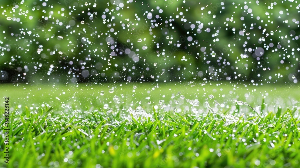 Gentle rain showers refresh lush green grass, with shimmering water droplets capturing the essence of springtime. A blurred backdrop adds a serene atmosphere, perfect for text or design Gentle rain showers refresh lush green grass, with shimmering water droplets capturing the essence of springtime. A blurred backdrop adds a serene atmosphere, perfect for text or design